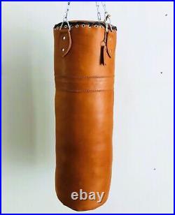 Boxing Punch Bag 100cm Vintage Tan Leather 100% MMA Gym Practice Geoffrey